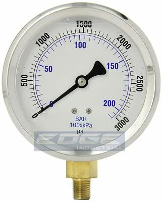 LIQUID FILLED PRESSURE GAUGE 0-3000 PSI, 4" FACE, 1/4" LOWER MOUNT - Image 1 of 2