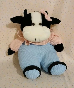 Peluche peluche vintage mucca rosa blu waffle tessuto volant nero bianco 14" - Foto 1 di 5