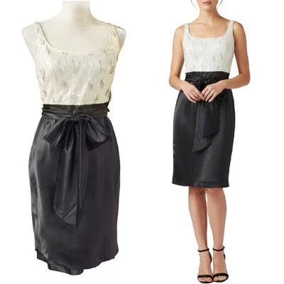 NUEVO $680 CARMEN MARC VALVO Seda Satén Cuentas Vestido de Cóctel Marfil Negro Talla 4 Foto 1 de 4