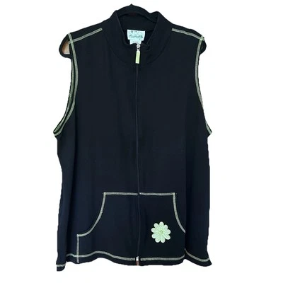 Quacker Factory Women’s Vest Black Green Floral Rhinestones Lightweight Zip XL - Image 1 of 4