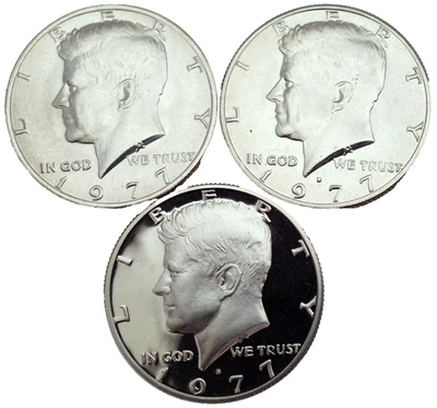 1977 P D S Kennedy Half Dollar PDS Year Set BU & Proof Lot of 3 Coins - Image 1 of 2