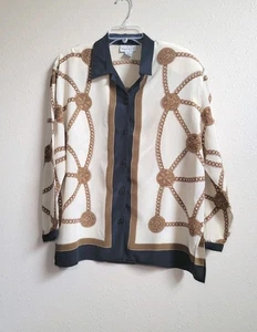 Vintage Adrianna Papell 100% Silk Chain Shirt Button-Down Shoulder Pads 14 - Picture 1 of 12