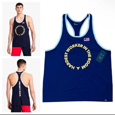 Camiseta sin mangas Under Armour Project Rock Freedom azul marino con gráficos dorados - M Foto 1 de 4