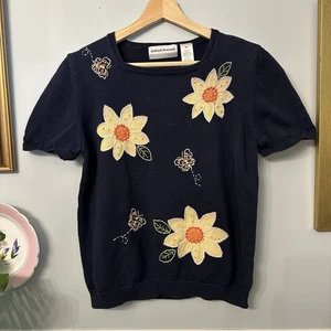 Maglione vintage piccolo petite ricamato Cottagecore girasole anni 90 Grannycore - Foto 1 di 5