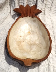 Vintage Pineapple Shaped Wood Decorative Bowl Lined With Capiz Shell 11” - Picture 1 of 6