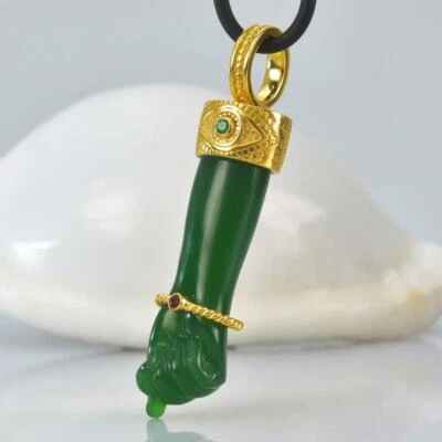 Gold Vermeil Sterling Mano Fico Figa Anhänger Chalcedon Smaragd Rubin 11,59 g - Bild 1 von 4