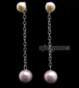 SALE 7-8mm Flat Round Purple Natural Pearl and 12mm sea shell pearl Earring-e562 - Picture 1 of 4