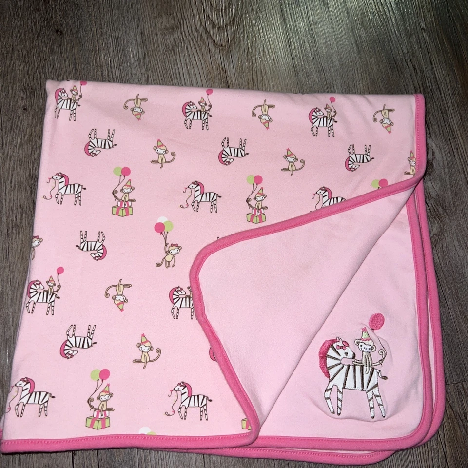Gymboree Receiving Blanket 2010 RARE Pink Baby Girl Zebra Monkey Balloons Lovie - Image 1 of 4