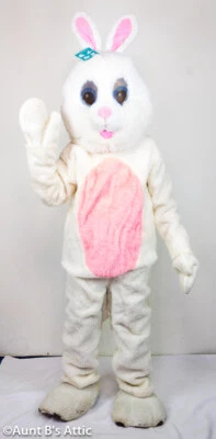 Easter Bunny Costume 6Pc White/Pink Faux Fur Jumpsuit Mitts Foot Spats & Head Lg - Image 1 of 3
