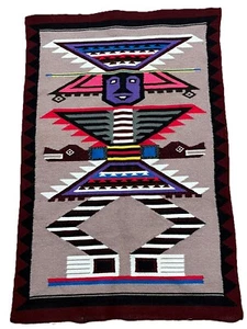 MEXIKANISCHER Handgewebter Azteken Maya GOBELIN WOLLTEPPICH Kriegergott 26”B x 41”L Vintage - Bild 1 von 6