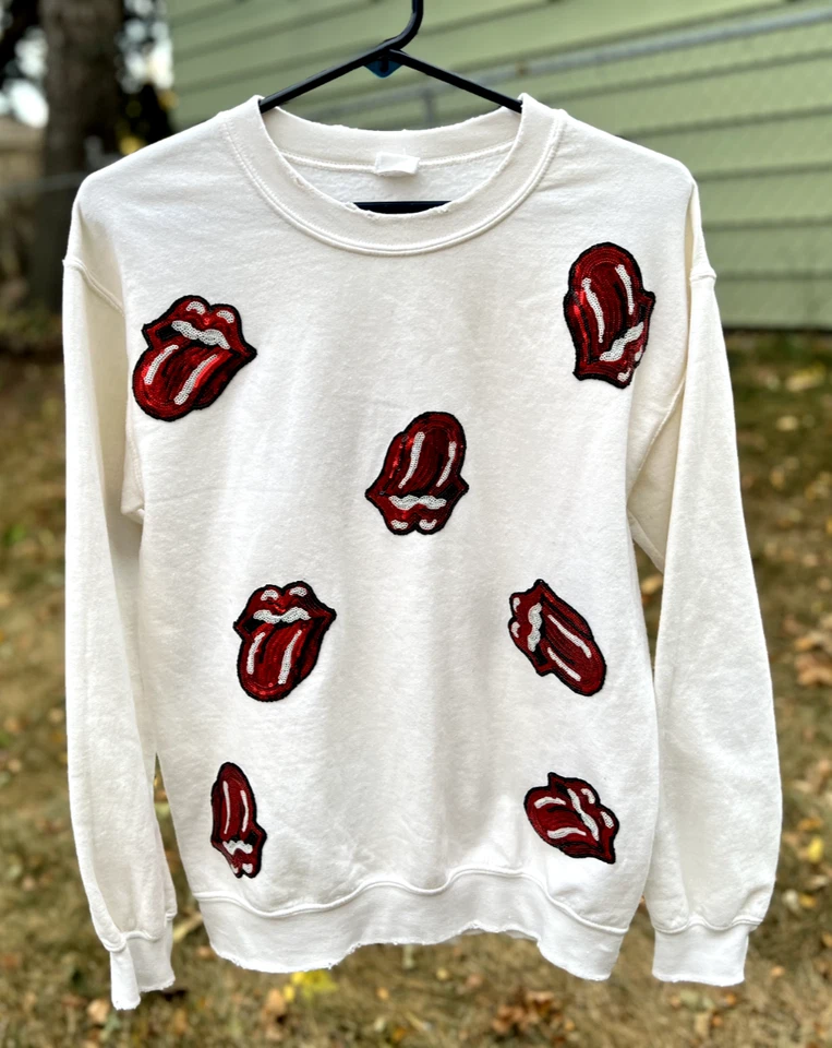 SUDADERA DESGASTADA CON LENTEJUELAS ROLLING STONES RARA USADA XS punk rocker 19" pit Foto 1 de 4