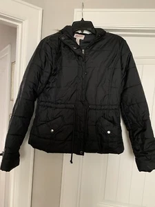Arizona Jeans Women’s Black Hooded Puffer Jacket With Waist Tie & Faux Fur Sz L - Picture 1 of 17