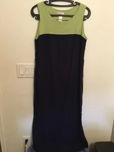 R & K Original Linen Rayon Sz 8 Sleeveless Maxi Dress Side Slits Navy Lime Ties - Picture 1 of 7