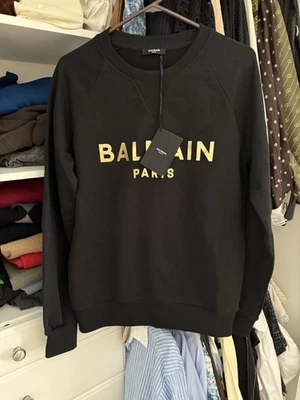 Moletom de algodão gráfico logotipo dourado Balmain MSRP $895 preto tamanho P novo com etiquetas - Imagem 1 de 4