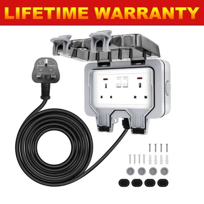 Exterior Double Plug Socket 3/10M Cable Outside Extension Lead Waterproof IP66 - Image 1 of 4