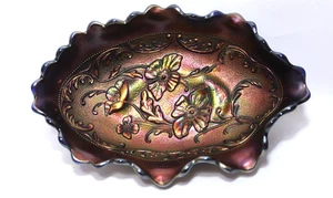 Vintage Fenton Carnival Glass Cobalt Blue Relish Dish Poppy Flower - Picture 1 of 7