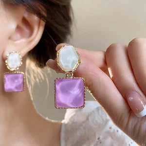 Orecchini Pendenti Resina Quadrati Viola Asimmetrici Geometria Blu Goccia Gioielli - Foto 1 di 26