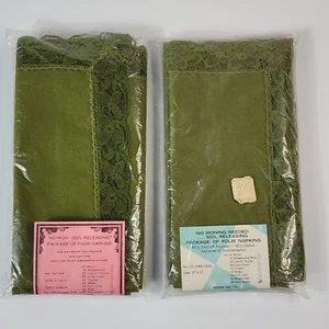 Vintage 1970er Avocado grün Spitze Borte Stoff Polyester Mischung Servietten 2 Sets von 4 - Bild 1 von 4