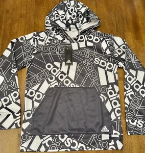 NWT Boys Adidas Hoodie Medium 10/12 Black & White Logo All over Print Pullover - Picture 1 of 1