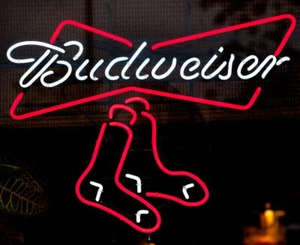 Boston Red Sox Bow Tie Neon Lamp Light Sign Beer Bar Real Glass Open 19"x15" - Picture 1 of 3