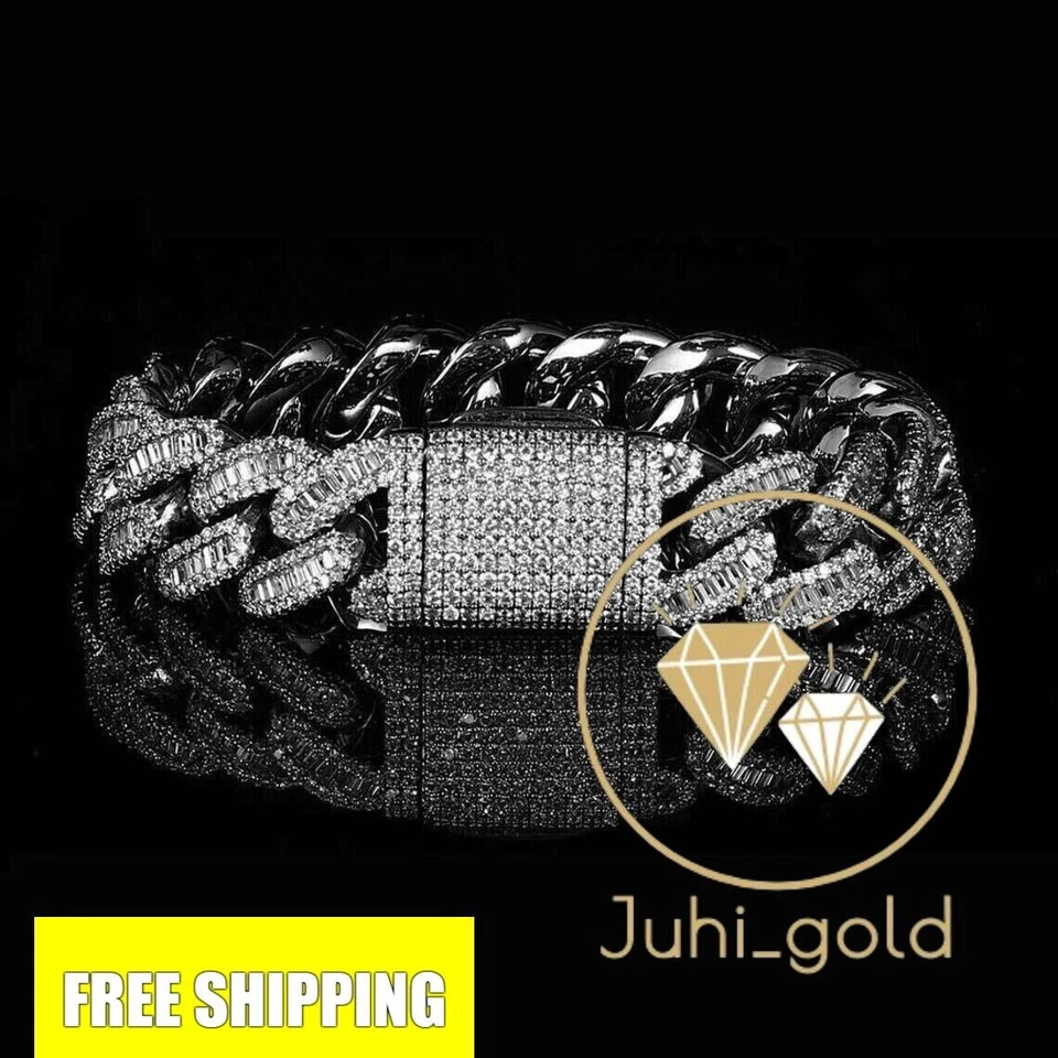 Men 14K White Gold Plated 8CT Real Certified Moissanite Cuban Bracelet 12MM X8'' - Image 1 of 4