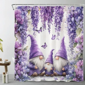 Rustic Purple Floral Spring Gnome Shower Curtain Polyester Fabric Bathroom Hooks - Picture 1 of 11