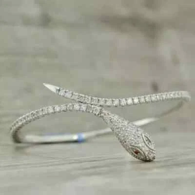 Lab Created Round Diamond Women's Snake Bangle Bracelet 14K White Gold Plated 7" - Image 1 of 4