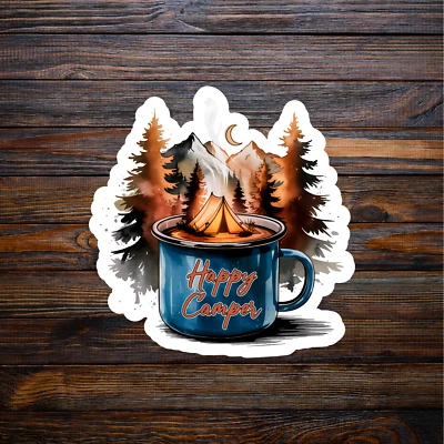 Adesivo de acampamento vinil decalque feliz campista florestas montanhas café laptop janela - Imagem 1 de 3