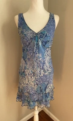 Vintage Women 6P Dress Y2K Silk Babydoll Tiered Blue Bead Bias Cut Robbie Bee - Image 1 of 4