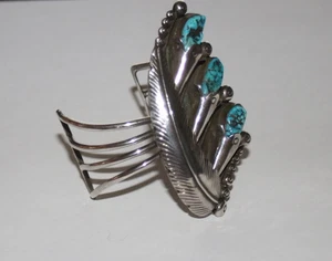 NAVAJO Kingman TÜRKIS STERLING Kürbisblüte MANSCHETTE signiert BB Bernice Bonney - Bild 1 von 14