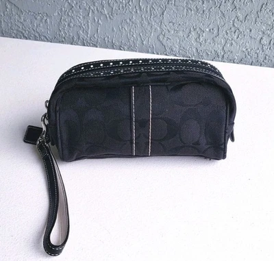 Coach Black Fabric Wristlet Makeup Travel Pouch w/White Polkadot & Leather Trim - Image 1 of 4