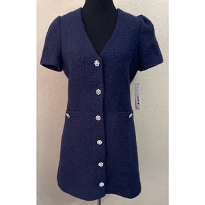 NWT Aqua V Neck Blazer Tweed Mini Dress Navy Blue Wool Stretch Women's Medium - Picture 1 of 6