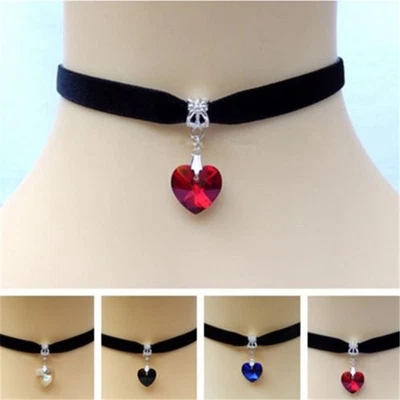 Black Velvet Ribbon Choker Necklace with Crystal Heart Shaped Pendant Women - Image 1 of 4