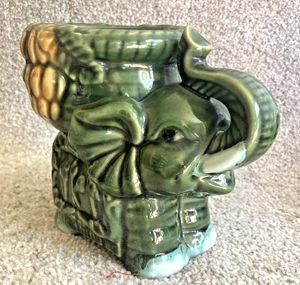 Vtg Majolica Green Elephant Planter – Mid-Century Whimsical Decor Trunk Up Lucky - Picture 1 of 14