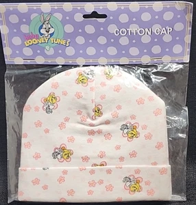 Vintage Baby Looney Tunes Mütze Layette rosa Blumen Beanie 0-6 Monate (T98) - Bild 1 von 5