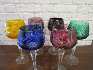 Vtg. W German Beyer Cut to Clear Set of 6 Crystal Hock Wine Glasses Bohemian
