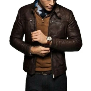 Uomo Pelle Giacca Slim Fit Motociclista Originale pelle D'Agnello Giacca -025 - Foto 1 di 2