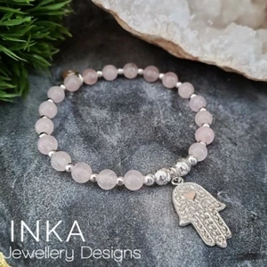 925 Sterling Silver & Rose Quartz Stacker Bracelet Large Hamsa Hand Charm INKA - Picture 1 of 7