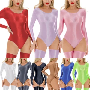 Women's Oil Glossy Bodysuit Long Sleeve Yoga Rompers Swimwear One-piece Leotard - Picture 1 of 69