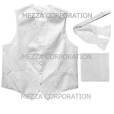New Men formal white paisley vest Tuxedo Waistcoat self tie bow tie_hankie set  - Image 1 of 4