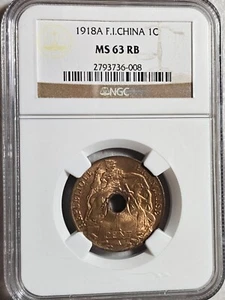 French Indochina 1 Cent 1918A NGC MS 63 RB - Picture 1 of 2