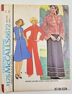 VTG 70s McCalls Sew Pattern 5672 Misses Unlined Jacket Skirt Pants Sz 12 UNCUT - Picture 1 of 3