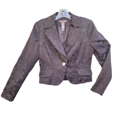 Vintage Bisou Bisou Michael Bohbot Black Jacquard Rhinestone Cropped Jacket - Image 1 of 4