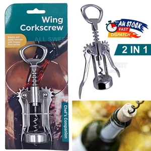2 in 1 Winged Corkscrew Wine Bottle Opener Wing Style Handle Stainless Steel AU - Picture 1 of 11
