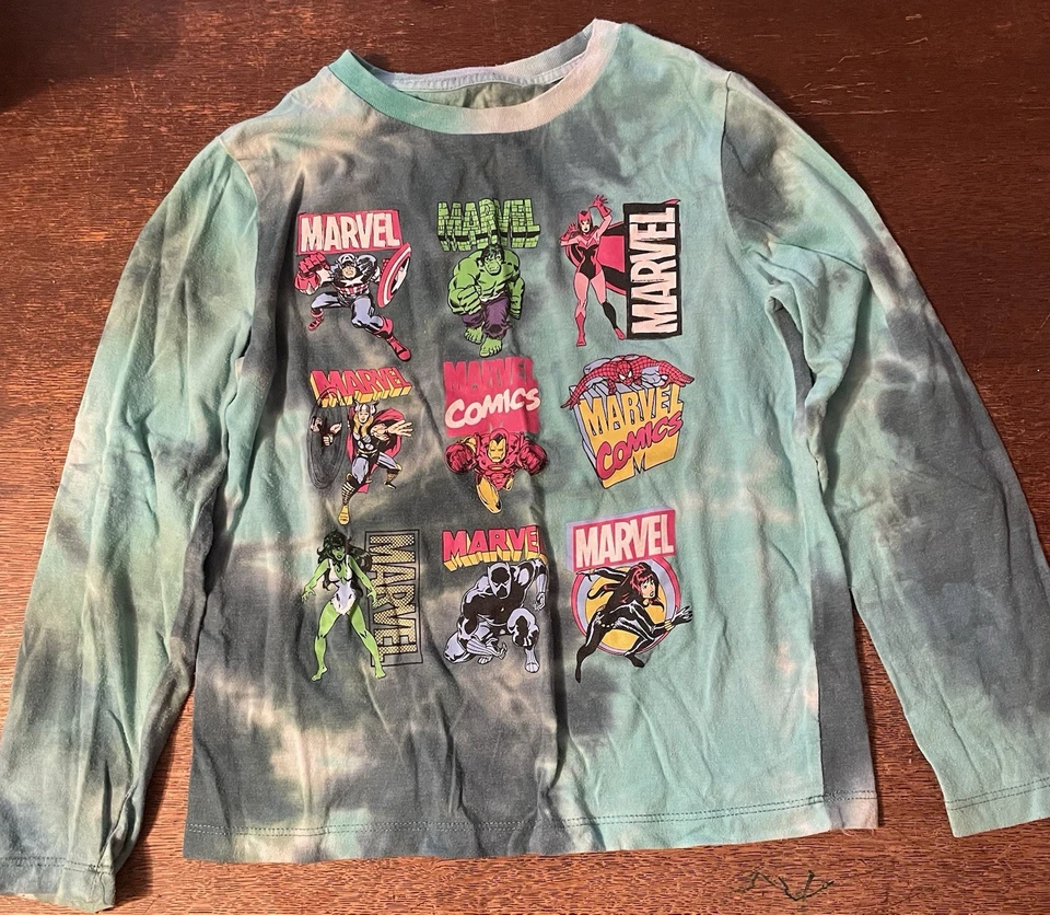 Marvel Green Tie Die T-Shirt Boys SZ S Hulk Thor Shehulk Ironman Scarlett Witch - Image 1 of 3