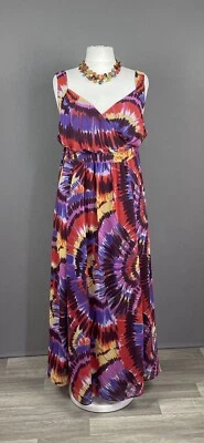 Evans Plus Size 26 Long Maxi Summer Dress Purple Colourful Chiffon Tie Dye Print - Image 1 of 4
