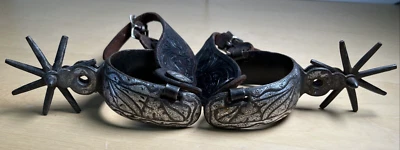 古董墨西哥 Charro Spurs 花式手工工具锻造钢带银色镶嵌 — 第 1/4 张图片