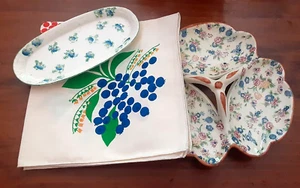 Lot (3) Vintage Floral Chintz Divided dish Linen Napkin Spoon rest,butter? JAPAN - Picture 1 of 13