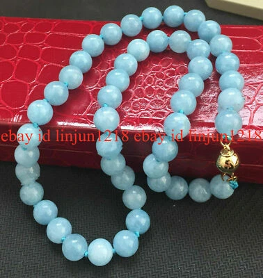 Natural 8/10/12mm Blue Aquamarine Round Gemstone Beads Necklace 18'' AAA - Image 1 of 4
