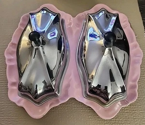 Vintage RARE MCM Double Butter Dish Pink Ceramic Bottom With Aluminum Tops USA - Picture 1 of 15